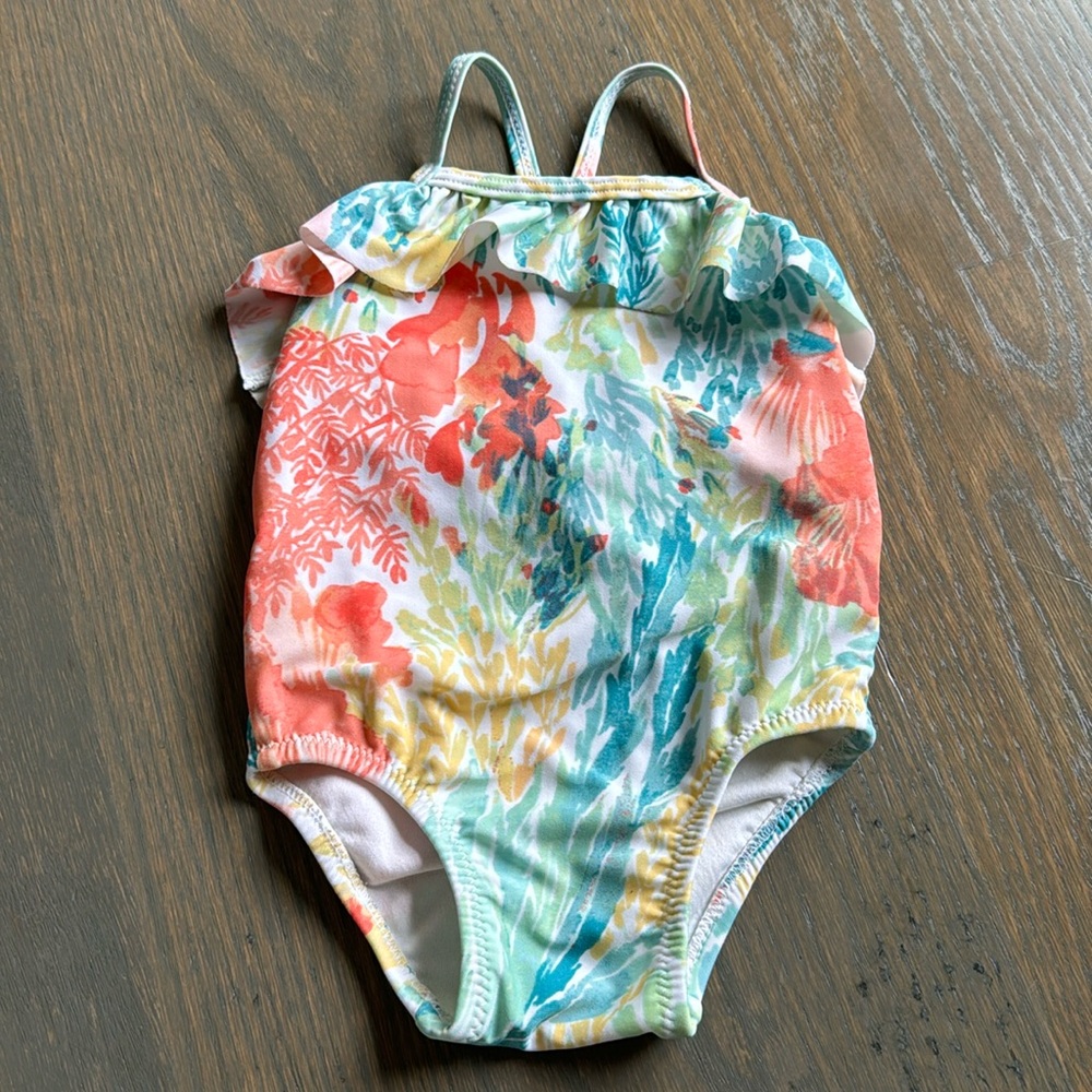 Old Navy Baby Girl Floral One Piece Swimsuit 3-6M Ruffle High Neck Green Pink